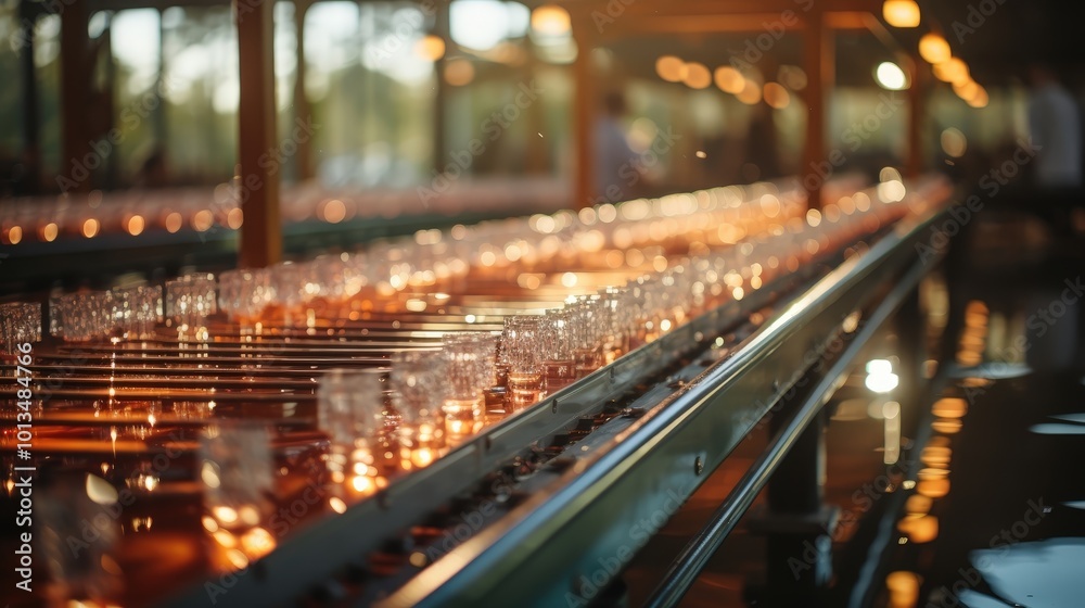 A close-up view of a metal conveyor belt transporting clear glass containers filled with liquid, illuminated from beneath, creating a warm and inviting glow. A close-up view of a metal conveyor belt transporting clear glass containers filled with liquid, illuminated from beneath, creating a warm and inviting glow.