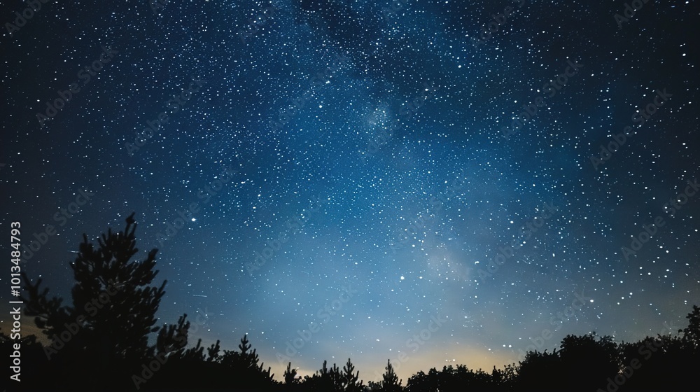 Naklejka premium constellations and stars in the night sky with twinkling lights above dark forest