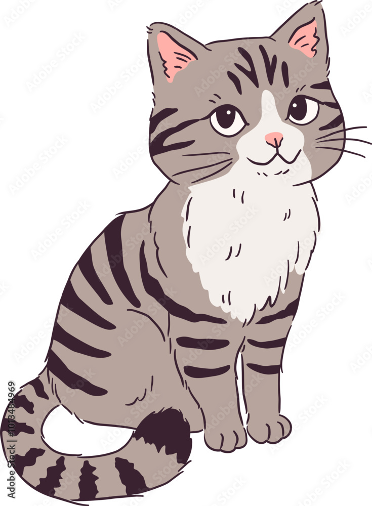 Obraz premium Smiling Gray Tabby Cat Sitting - Cute Striped Feline with a Relaxed and Happy Expression