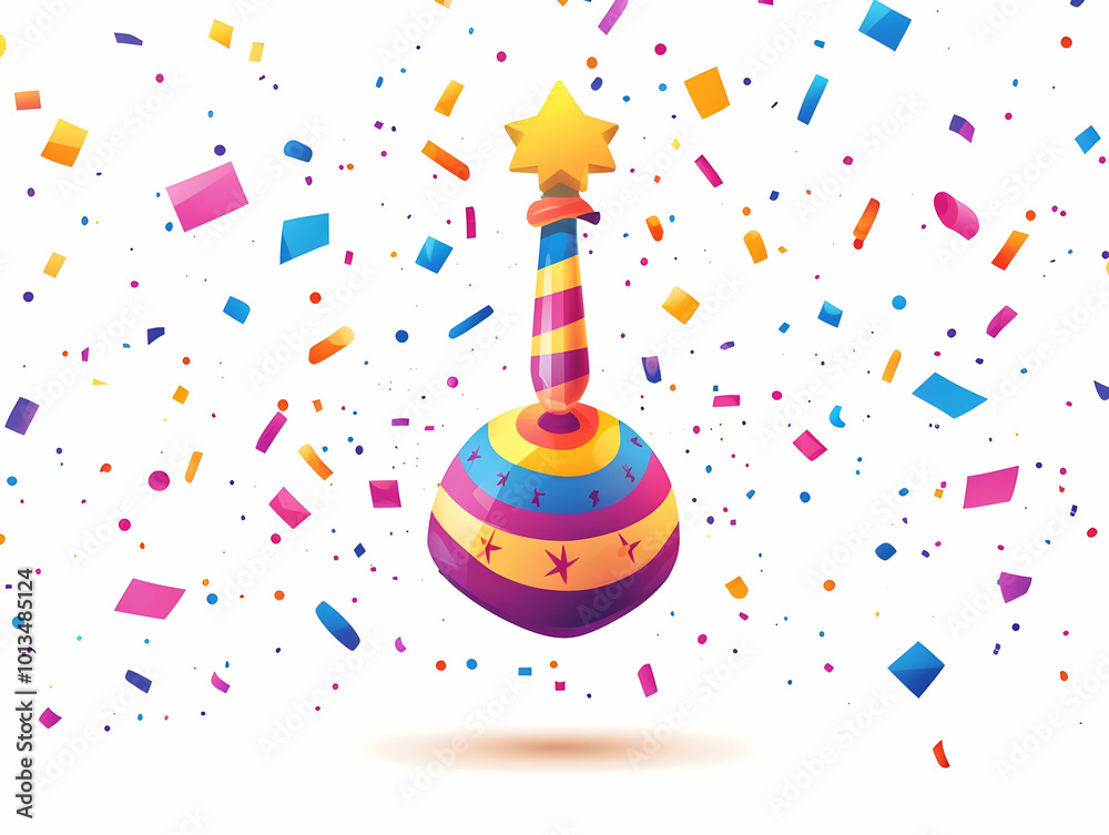 Flat Glossy Dreidel Spinning in Motion with Bright Colors on White Background - Eye-Catching Design with Ample Copy Space Flat Glossy Dreidel Spinning in Motion with Bright Colors on White Background - Eye-Catching Design with Ample Copy Space