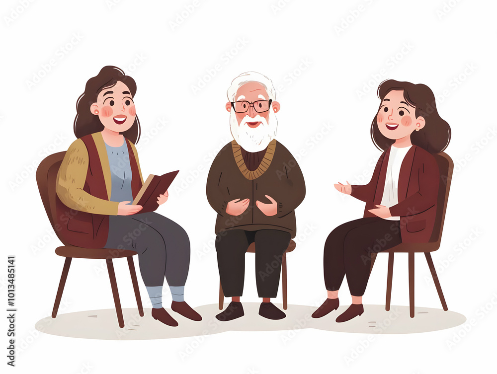Fototapeta premium Heartwarming Flat Vector Illustration of Grandparents Sharing Hanukkah Stories with Enchanted Children - A Candid Family Moment Capturing Curiosity and Connection