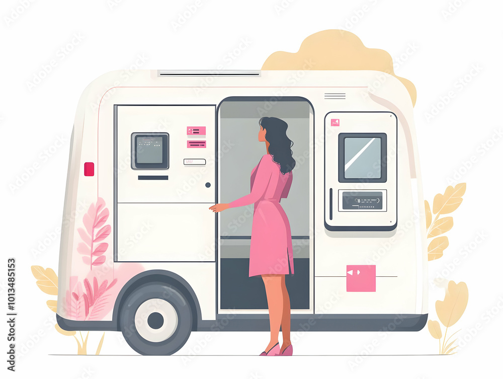 Flat Mammogram Mobile Unit Concept: Medium Shot of Determined Woman Entering Screening Unit in Rural Area - Candid Illustration Emphasizing Accessibility in Underserved Communities Flat Mammogram Mobile Unit Concept: Medium Shot of Determined Woman Entering Screening Unit in Rural Area - Candid Illustration Emphasizing Accessibility in Underserved Communities