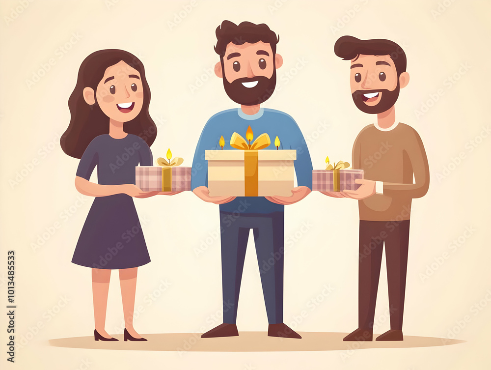 Flat Vector Illustration of Friends Joyfully Exchanging Hanukkah Gifts at a Festive Gathering - Candid Celebration Emphasizing Surprised Reactions Flat Vector Illustration of Friends Joyfully Exchanging Hanukkah Gifts at a Festive Gathering - Candid Celebration Emphasizing Surprised Reactions