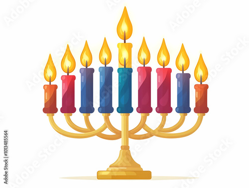 Modern Flat Floating Hanukkah Menorah with Flickering Candles in Mid-Air Isolated on White Background - Contemporary Jewish Festival Design