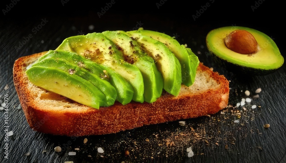 Avocado toast with sliced avocado on bread, isolated on dark stone background. Avocado toast with sliced avocado on bread, isolated on dark stone background.