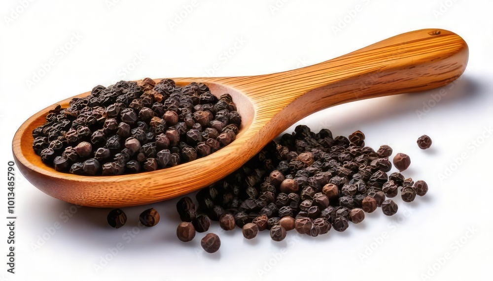 Black pepper seeds in a wooden spoon with scattered seeds, white isolated background Black pepper seeds in a wooden spoon with scattered seeds, white isolated background