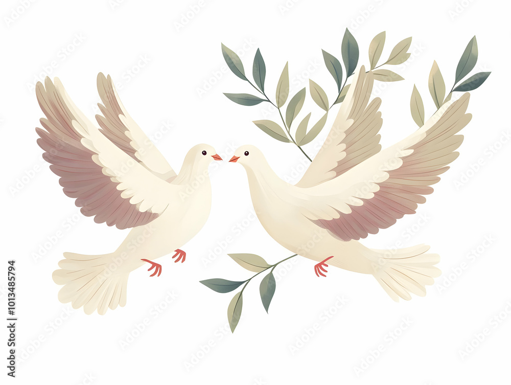 Flat Vector Illustration of Two Floating Doves with Olive Branches Isolated on White Background Symbolizing Peace and Freedom for Human Rights Day Flat Vector Illustration of Two Floating Doves with Olive Branches Isolated on White Background Symbolizing Peace and Freedom for Human Rights Day