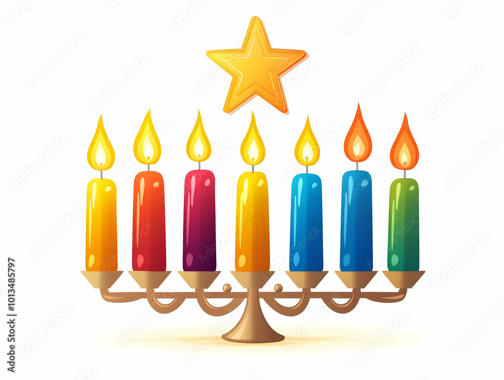 Flat Floating Star of David and Glowing Menorah Candles Isolated on White Background for Modern Hanukkah Designs - Futuristic Close-Up Illustration Flat Floating Star of David and Glowing Menorah Candles Isolated on White Background for Modern Hanukkah Designs - Futuristic Close-Up Illustration