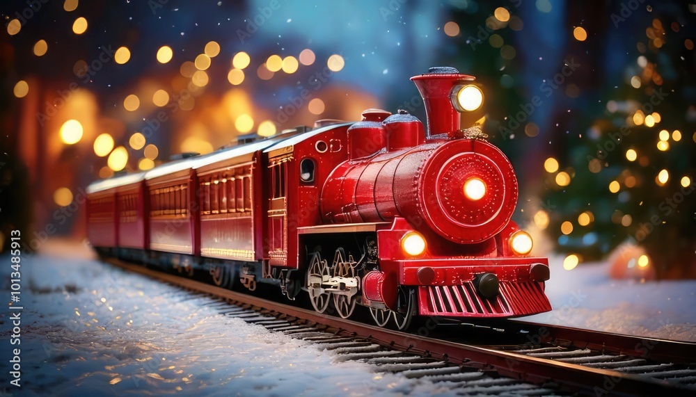 Classic red toy train on snowy tracks, glowing lights, holiday atmosphere. Classic red toy train on snowy tracks, glowing lights, holiday atmosphere.
