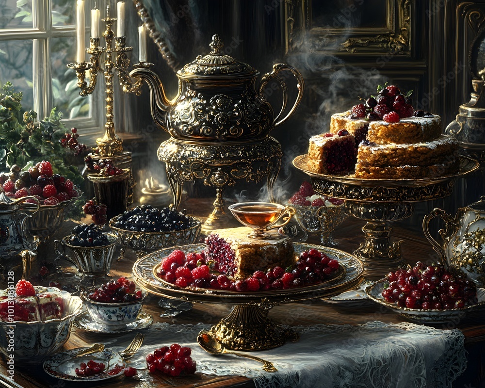 Fototapeta premium Victorian teapot pouring tea over fruitcake in lavish dessert spread.