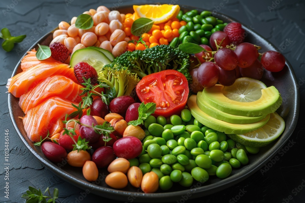 Colorful plate of salmon, avocado, fresh vegetables, and beans with a mix of tomatoes, grapes, and citrus arranged artfully on a dark background.
Colorful plate of salmon, avocado, fresh vegetables, and beans with a mix of tomatoes, grapes, and citrus arranged artfully on a dark background.