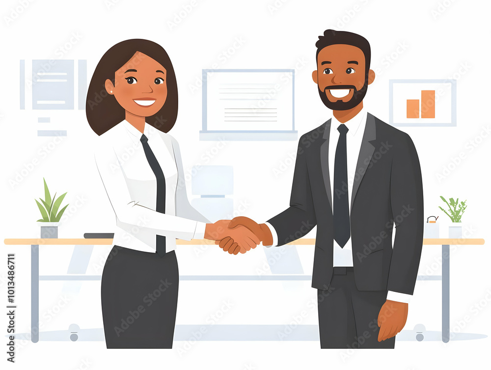 Flat Vector Illustration of Candid Handshake Between Diverse Professionals in Office Meeting, Symbolizing Workplace Equality and Collaboration Flat Vector Illustration of Candid Handshake Between Diverse Professionals in Office Meeting, Symbolizing Workplace Equality and Collaboration