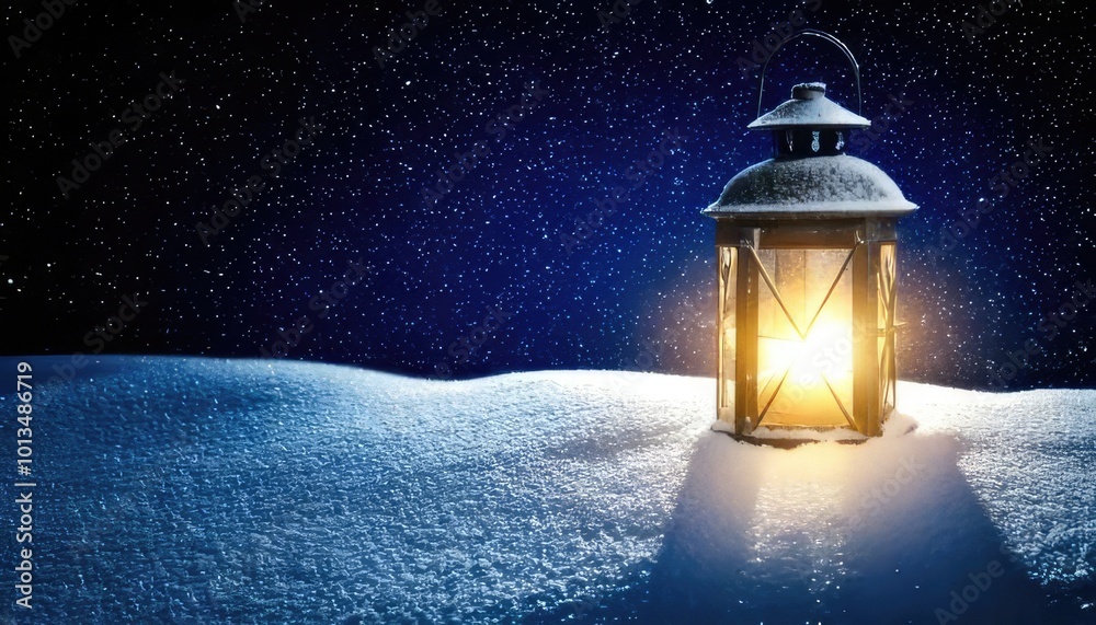 Lantern glowing in the snow under a starry night sky, beautiful winter scene. Lantern glowing in the snow under a starry night sky, beautiful winter scene.