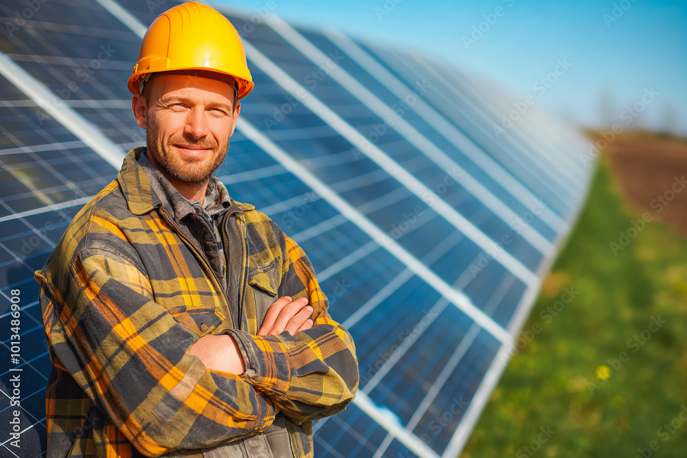 Smiling Male engineer standing in front of solar panels Smiling Male engineer standing in front of solar panels