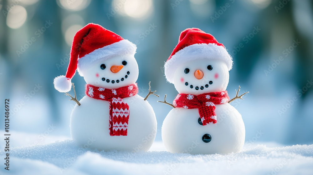 Two cute snowmen wearing a santa suit and scarves standing on the white snowy ground, with a blurred blue background of a winter forest. Christmas card concept Two cute snowmen wearing a santa suit and scarves standing on the white snowy ground, with a blurred blue background of a winter forest. Christmas card concept