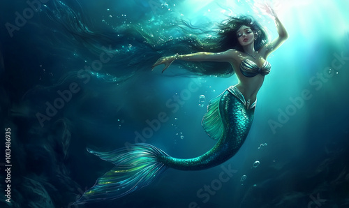 Beautiful mermaid swimming in the depths, illustration generative AI
