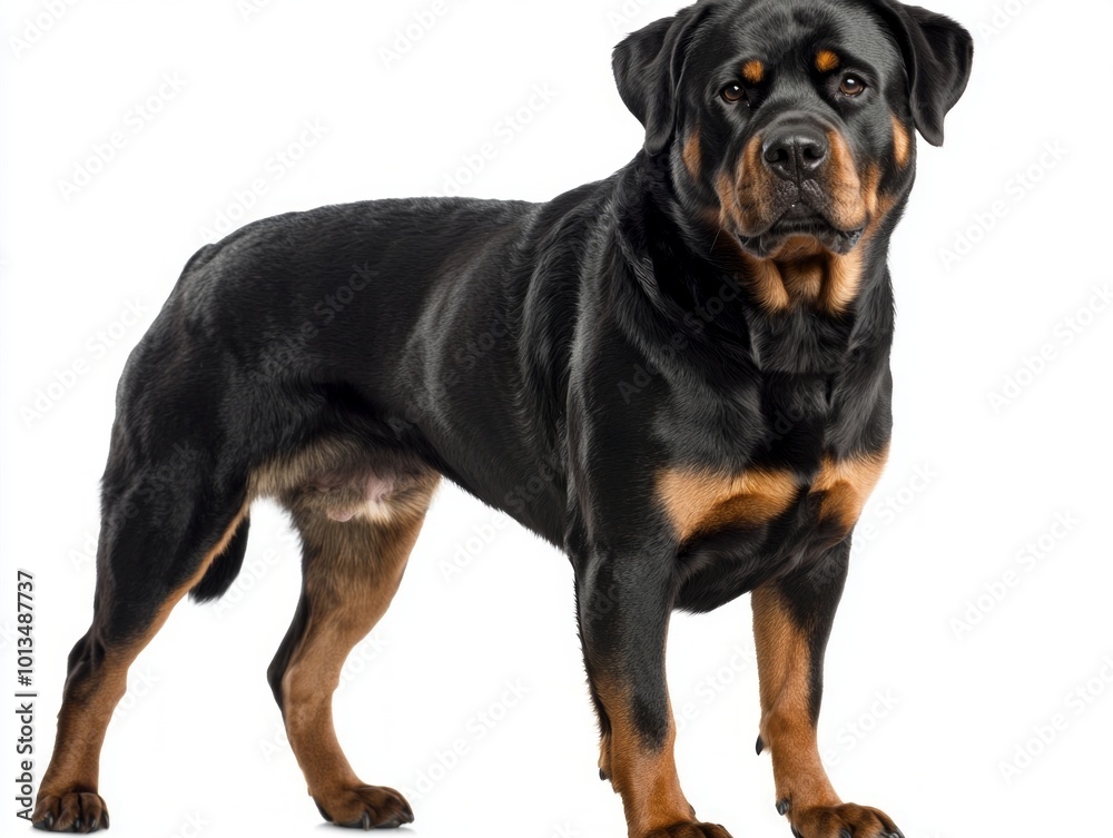This striking Rottweiler stands tall with a strong frame and focused gaze, embodying confidence and devotion in a crisp, white environment. This striking Rottweiler stands tall with a strong frame and focused gaze, embodying confidence and devotion in a crisp, white environment.