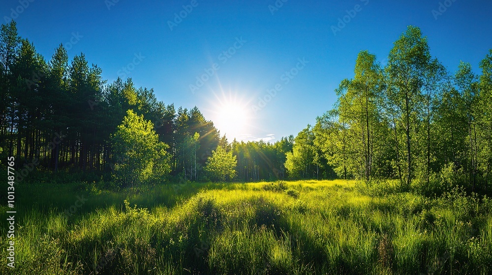 Obraz premium Serene Meadow with Trees and Bright Sunlight