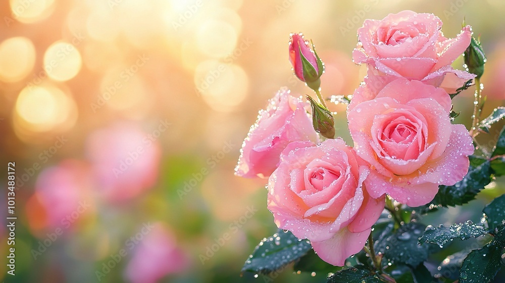 Beautiful Pink Roses with Dew in Soft Light Background Beautiful Pink Roses with Dew in Soft Light Background