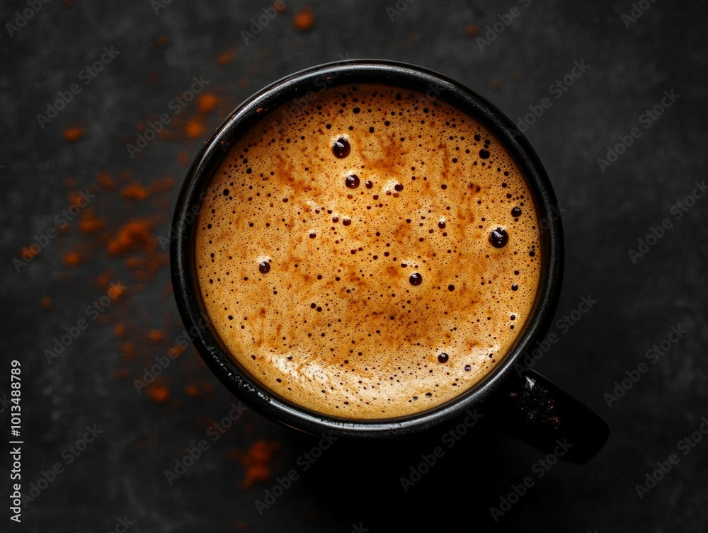 Closeup of a Creamy Coffee with Richly Detailed Frothy Milk in a Black Mug, Award-Winning Espresso Shot, Vibrant Colors, and a Dark Background. Closeup of a Creamy Coffee with Richly Detailed Frothy Milk in a Black Mug, Award-Winning Espresso Shot, Vibrant Colors, and a Dark Background.