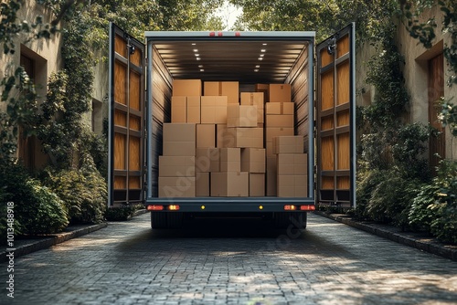 Trailer with cardboard boxes inside, ready for shipment. Mockup, Generative AI