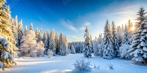 Serene Glossy Winter Forest Landscape with Snow-Covered Trees and Ample Copy Space for Winter-Themed Promotions - Perfect Wide Angle Shot