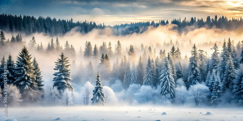 Obraz premium Atmospheric Winter Landscape: Plain Snowy Forest with Rising Mist | Unique Copy Space for Text | Foggy and Mysterious Scene in Photo Stock