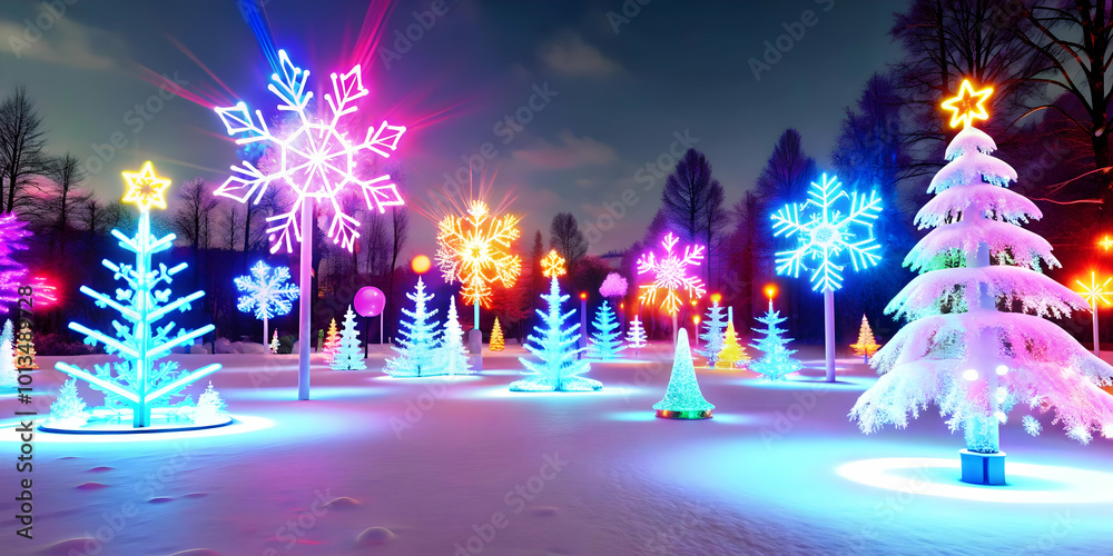 Vibrant Flat Glowing Ice Sculptures in a Neon-Illuminated Digital Winter Park: Abstract Holiday Scene for Winter Marketing Vibrant Flat Glowing Ice Sculptures in a Neon-Illuminated Digital Winter Park: Abstract Holiday Scene for Winter Marketing