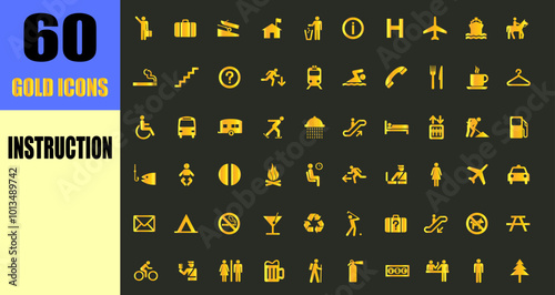 Way finding instruction gold icon set. luxury sign modern symbol.