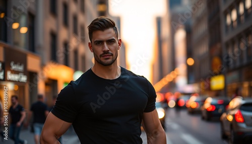 Photorealistic Man in Black T-Shirt, City Street at Dusk, Cinematic Blurred Lights