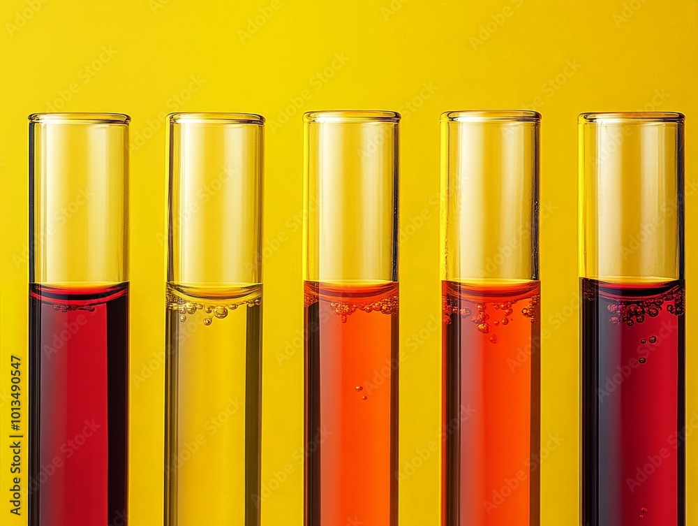Close-up View of Five Test Tubes Filled With Colorful Liquids on a Vibrant Yellow Background, Representing Scientific Research, Laboratory Experiments, and the Discovery of New Solutions. Close-up View of Five Test Tubes Filled With Colorful Liquids on a Vibrant Yellow Background, Representing Scientific Research, Laboratory Experiments, and the Discovery of New Solutions.