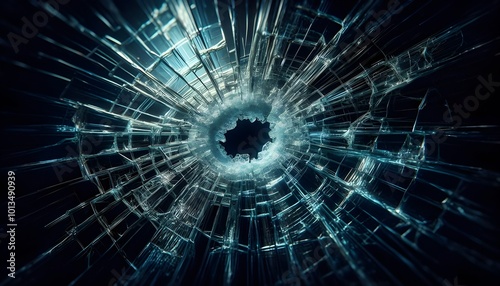 Close-up of a shattered glass window with a large hole in the center, symbolizing the need for glass repair.