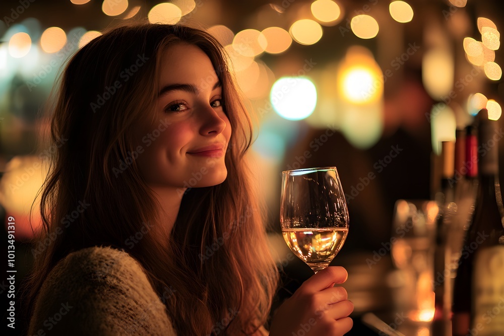 Young Woman Enjoying Wine in Cozy Ambience Young Woman Enjoying Wine in Cozy Ambience