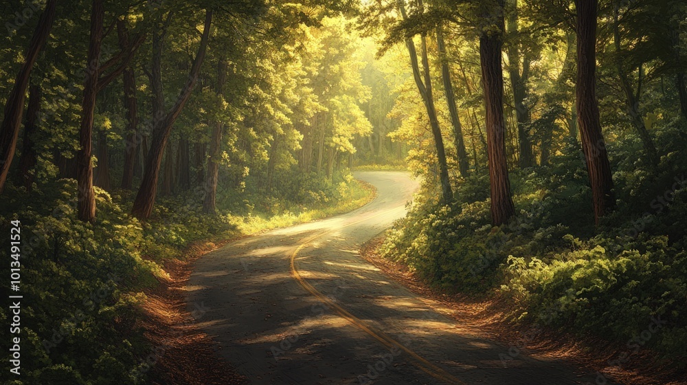 A winding road through a lush forest bathed in warm sunlight. A winding road through a lush forest bathed in warm sunlight.