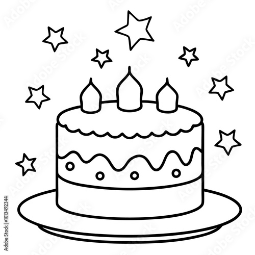 stars and birthday cake outline coloring book page line art drawing