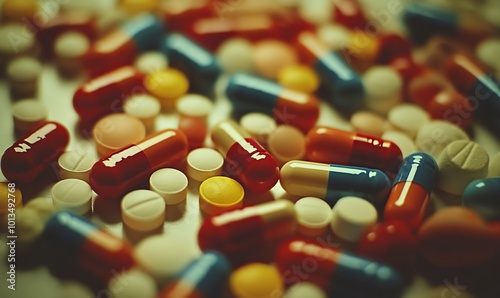 A close-up of various prescription pills scattered on a table, symbolizing the widespread issue of drug overuse and its pandemic-like impact on, Generative AI photo