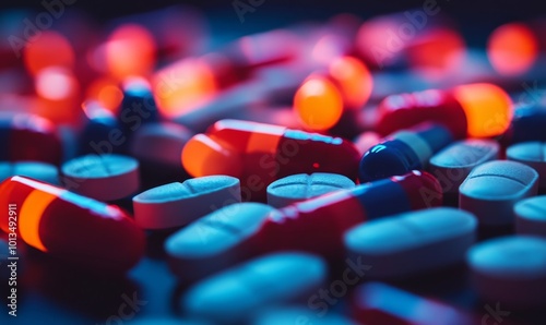 A close-up image of scattered prescription pills on a dark background, symbolizing the drug pandemic and prescription medication overuse issue in the, Generative AI photo