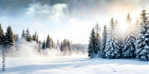 Serene Plain Snowy Forest with Rising Mist: Atmospheric Winter Landscape with Ample Copy Space for Text in Photo Stock