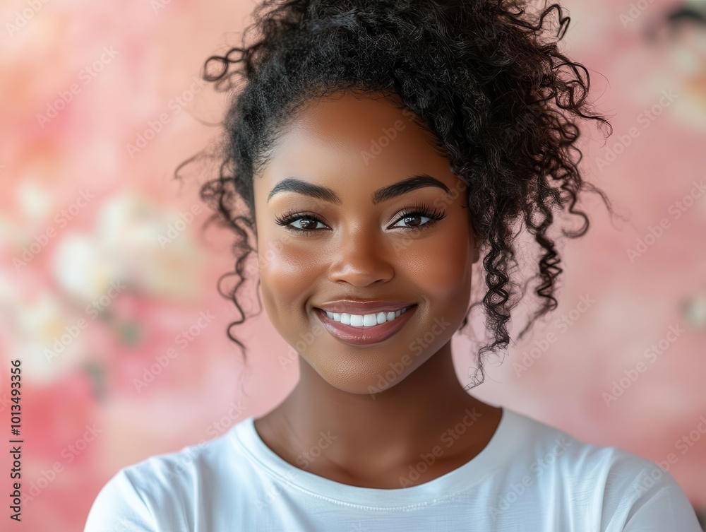 mockup featuring a confident plussize black woman smiling in a blank white tshirt pastel pink background enhancing her radiant aura promoting body positivity and selflove in fashion mockup featuring a confident plussize black woman smiling in a blank white tshirt pastel pink background enhancing her radiant aura promoting body positivity and selflove in fashion