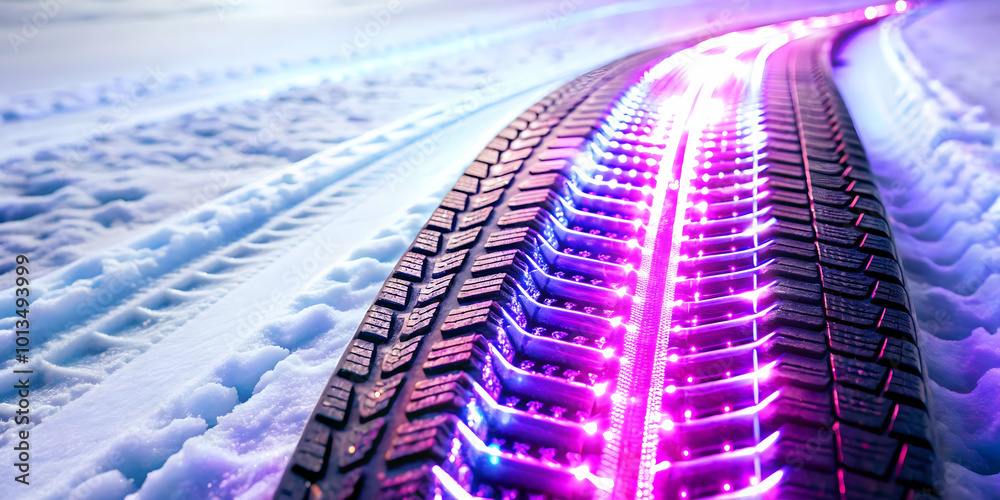 Fototapeta premium Macro Close-Up of Glowing Futuristic Snow Tire Tracks in Snow - High-Tech Winter Concept with Intricate Patterns and Textures