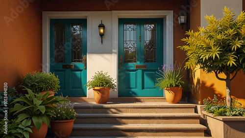 An elegant bungalow in dark cyan, caramel, timber wolf, and xanthous shades features a beautiful wall light. Lush green plants adorn the exterior, creating a charming and classic home concept.