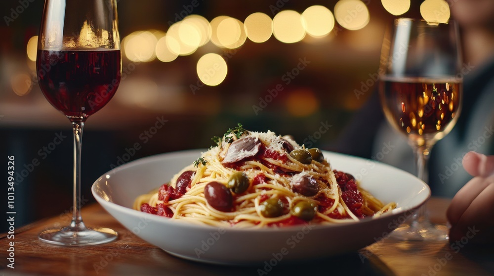 Naklejka premium Classic Spaghetti alla Puttanesca Recipe Bold Zesty Italian Dish with Olives, Capers, and Anchovies Easy to Make, Perfect for Weeknight Dinners or Special Occasions Get the Full Recipe Now