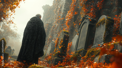 Elderly Man Reflecting in Serene, Ivy-Covered Forest Cemetery at Dusk. Non-existent person.