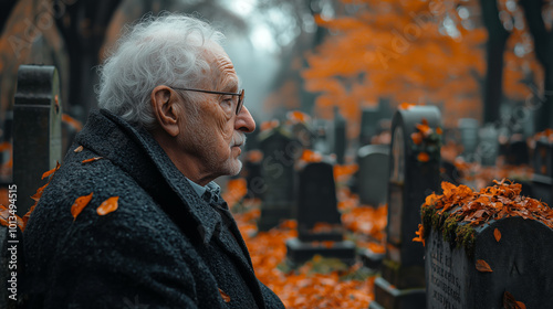 Elderly Man Reflecting in Serene, Ivy-Covered Forest Cemetery at Dusk. Non-existent person.