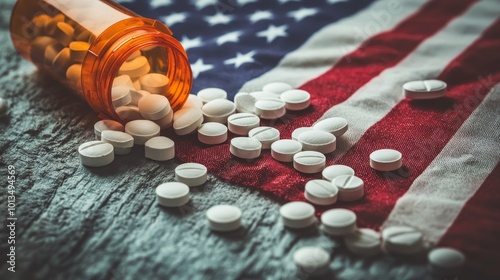USA flag with opioid prescription pills, symbolizing the epidemic problem of drug addiction and the opioid crisis in America, Generative AI