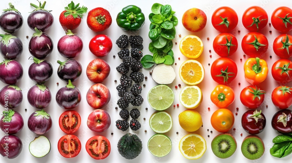 Vibrant fruits and vegetables arranged in rows, including onions, tomatoes, citrus fruits, and kiwis, showcasing a rainbow of healthy produce. Vibrant fruits and vegetables arranged in rows, including onions, tomatoes, citrus fruits, and kiwis, showcasing a rainbow of healthy produce.