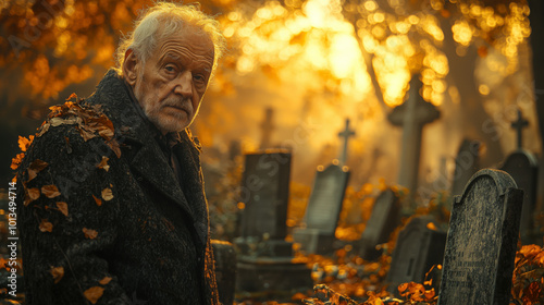 Elderly Man Reflecting in Serene, Ivy-Covered Forest Cemetery at Dusk. Non-existent person.