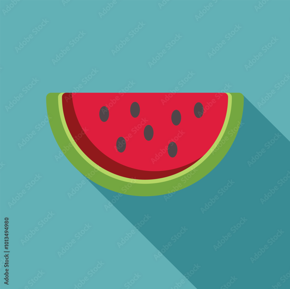 Simple yet vibrant vector illustration of a juicy watermelon slice, casting a long shadow on a blue background Simple yet vibrant vector illustration of a juicy watermelon slice, casting a long shadow on a blue background