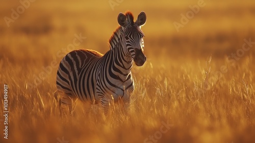 A lone zebra stands in a field of tall grass, bathed in the warm glow of the setting sun. The zebra's black and white stripes stand out against the golden background.