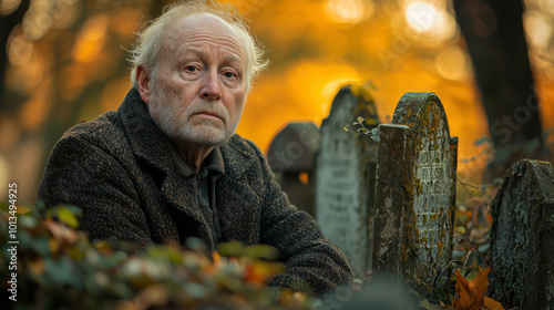 Elderly Man Reflecting in Serene, Ivy-Covered Forest Cemetery at Dusk. Non-existent person.